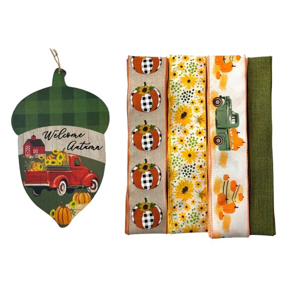 Red Truck Fall Wreath Kit "Welcome Autumn" Acorn Sign Pumpkin, Truck, Sunflower - Picture 1 of 5